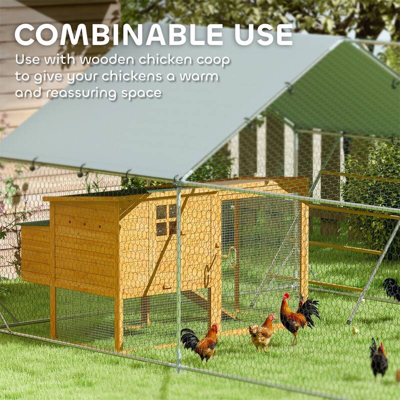 Outdoor Chicken Coop with Mesh Sides, Feeder Door and Weather Cover - 9.8'W x 19.7'D x 6.4'H