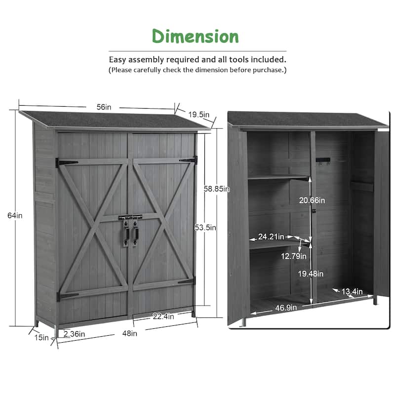 Outdoor Wooden Storage Shed with Lockable Door,Detachable Shelves and Pitch Roof,56"L x 19.5"W x 64"H