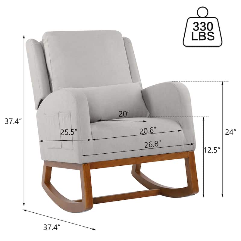 Nursery Rocking Chair High Back Armchair with Side Pocket Rubber Wood Legs and Pillow Flannel Chair for Living Room/Bedroom