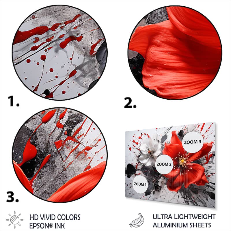 Designart "Red Grey Botanical Symphony I" Abstract Botanicals Metal Wall Art Prints