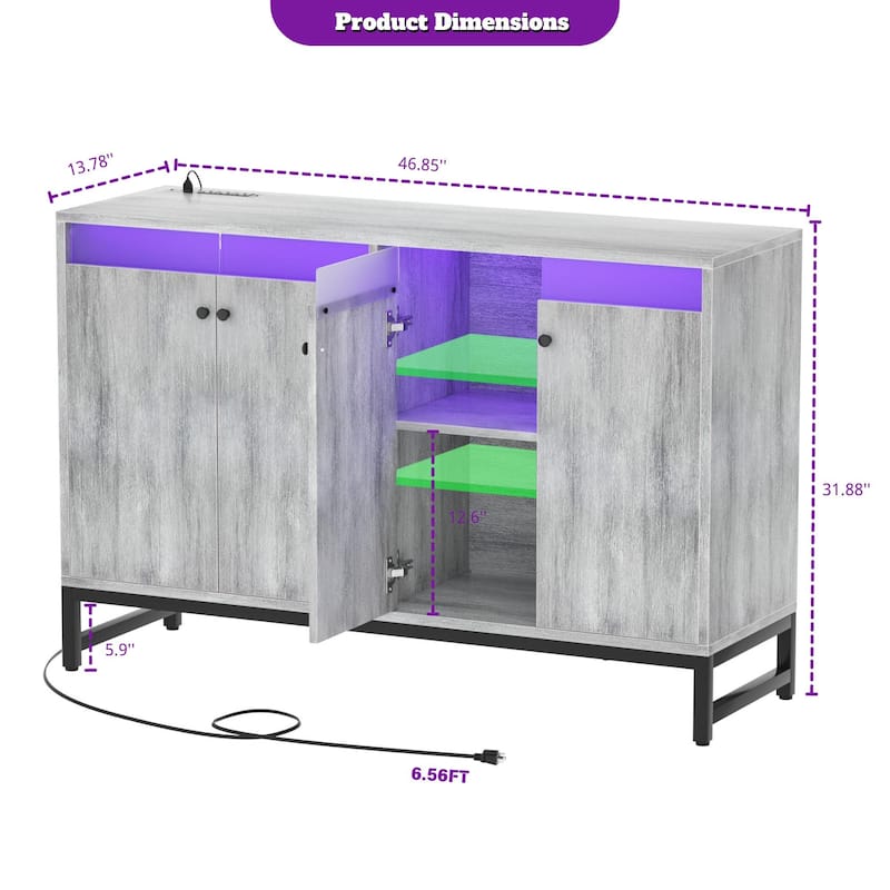 4 Doors Accent Cabinet with Power Outlet, Buffet Cabinet Storage Bar Cabinet with LED Light