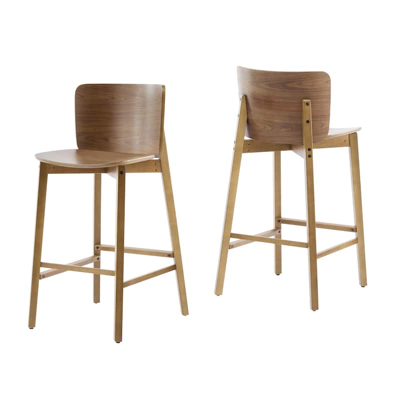 Set of 2 Solid Wood Bar Stools with Ergonomic Curved Backrest and Seat