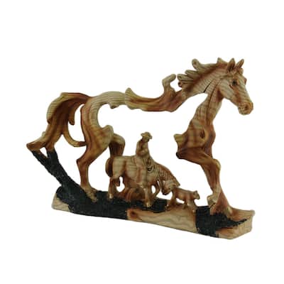 Horse And Cowboy Faux Wood Carving Resin Statue 11.5 Inches Long - 8.5 X 11.5 X 2 inches