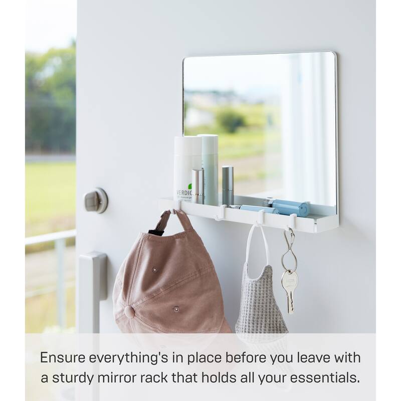 Yamazaki Home Magnetic Mirror with Storage Rack, Glass, Holds 5.5 lbs - L 2.64 x W 11.81 x H 10.24 inches