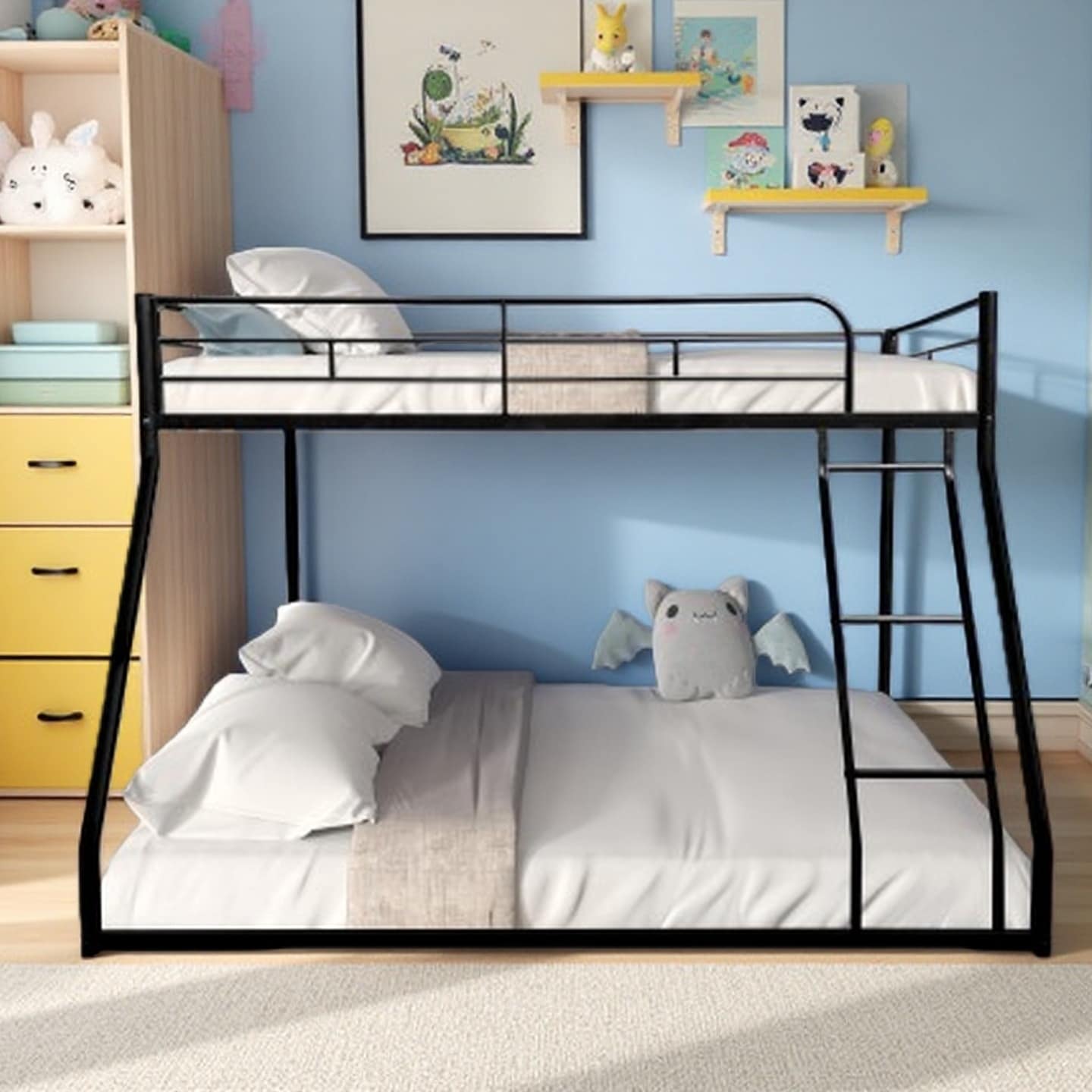 Twin Over Full Metal Bunk Bed with Full-Size Bottom, Safety Guardrails, Quiet Wooden Slats, and Sturdy Frame