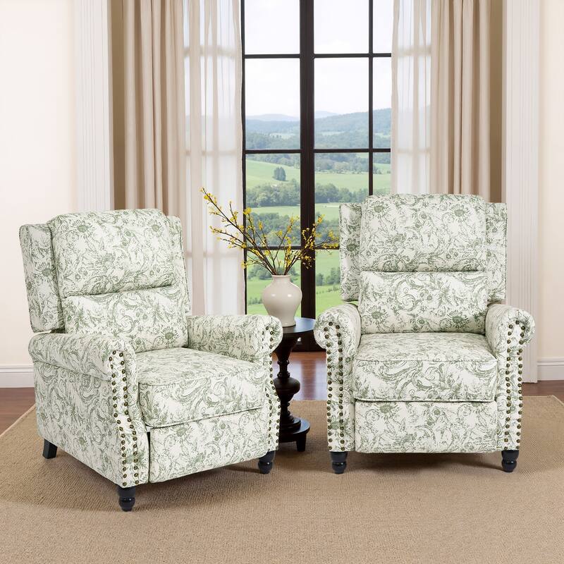 2 Set Nail-head Padded Seat Pushback Recliner Chair - Rococo Green Linen