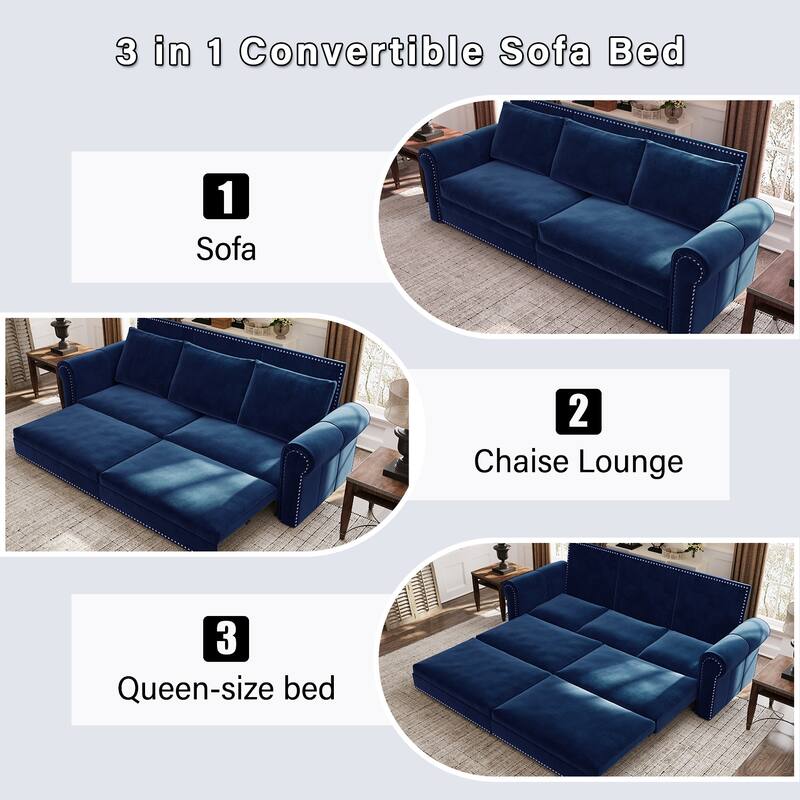 3-in-1 Folding Couch Bed, Convertible Sleeper Sofa w/ Rolled Arms, Velvet Upholstered Pull-Out Couches for Living Room