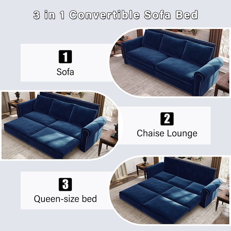 93.7" King Pull Out Sofa Bed w/ Nailhead Trim & Rolled Arm for Living Room Bedroom - Blue