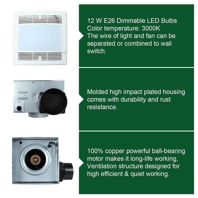 Ultra Quiet Bathroom Exhaust Fan with LED Light 90CFM 1.5 Sone Rectangule Plastic Cover White Finish