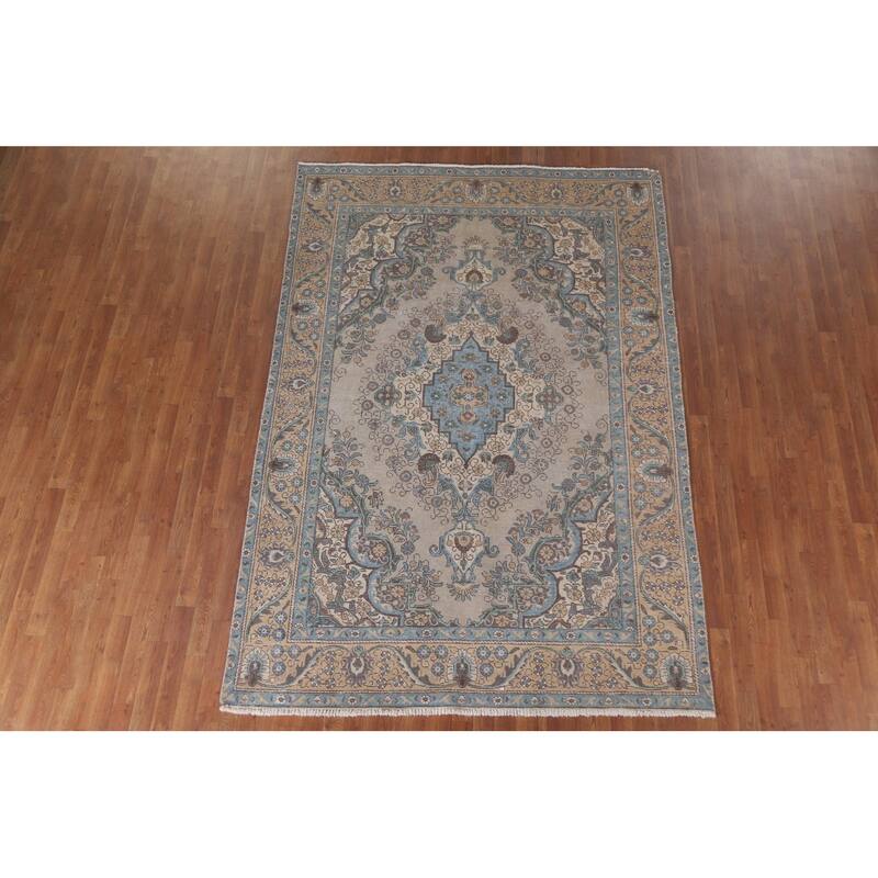 Hand Knotted Oriental 100% Wool Carpet Traditional Floral Beige & Ivories Tabriz Area Rug - 9' 5'' X 6' 5''