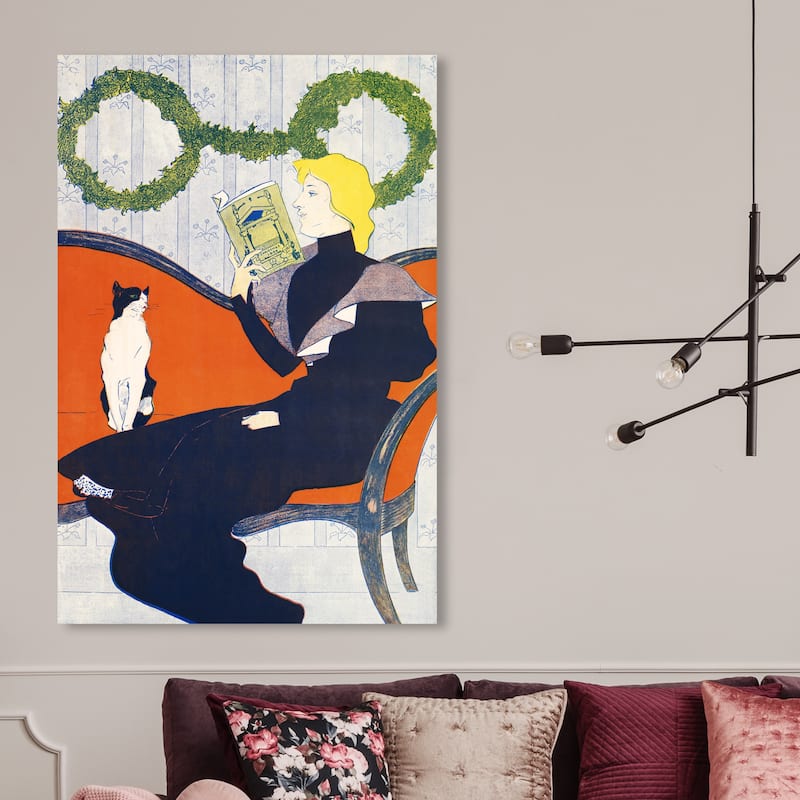 Wynwood Studio Canvas Fashion and Glam Woman reading a book - Edward Penfield Orange and Vintage Wall Art Canvas Print - 45 x 30