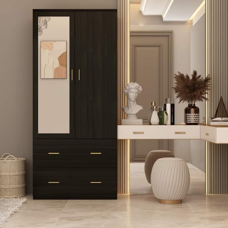 Timechee Armoire Wardrobes With Mirror And Hanging - Dark Brown
