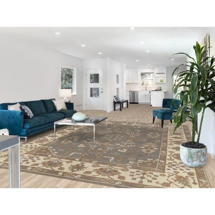 Gray Oushak Indian Area Rug Handmade Transitional Floral Wool Carpet - 9'2" x 11'7"