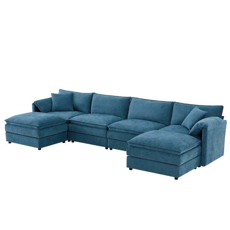 U-Shaped Modular Sectional Sofa with Ottomans, Oversized Chenille Upholstered Cloud Couch, 6-Seater Sofa with Double Cushions