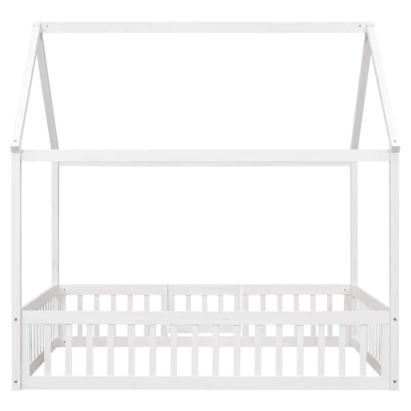 Full Pine House Bed with Fence and Door