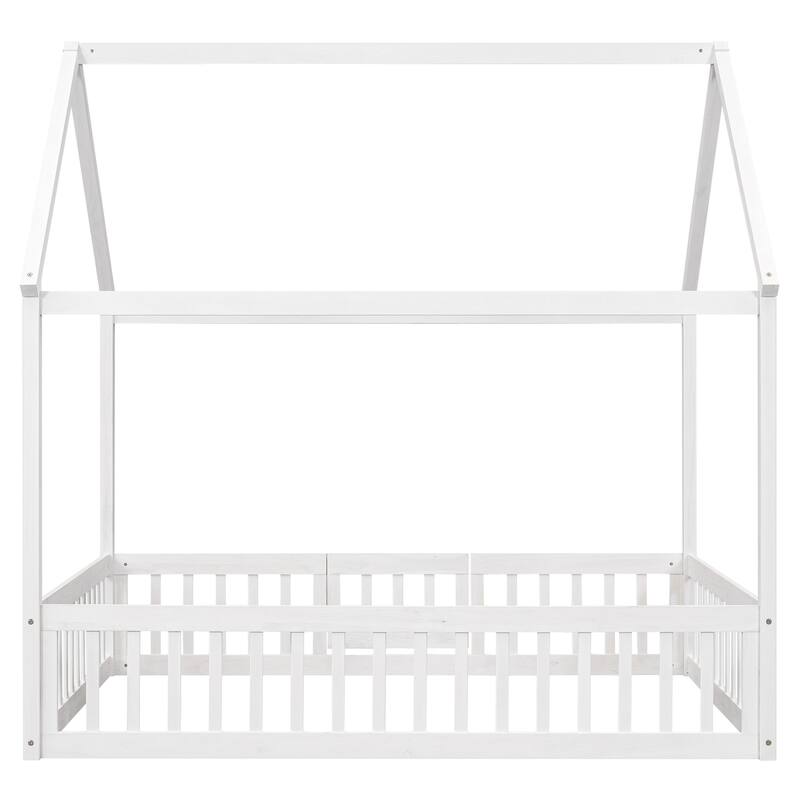 Pine House Floor Bed with Door, Fence & Roof
