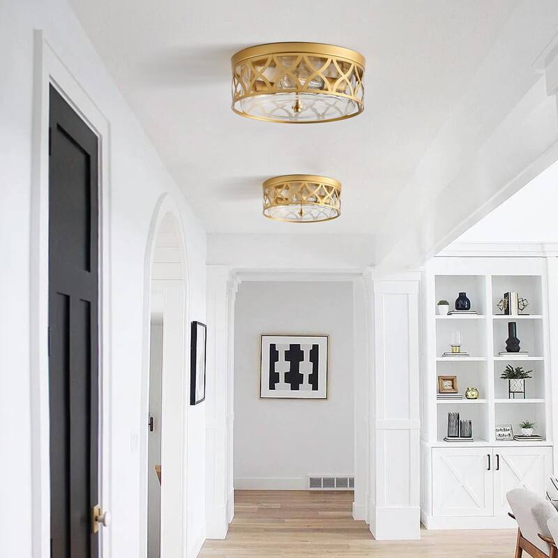 Modern Gold 2-Light Flush Mount Ceiling Light Fixture with Clear Seeded Glass