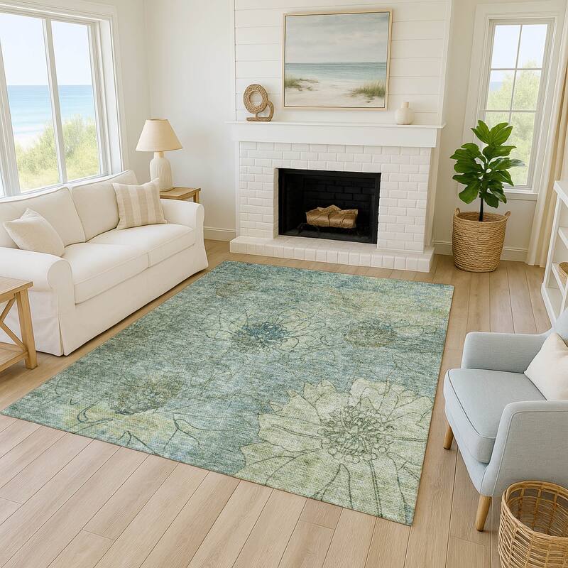 Machine Washable Indoor/ Outdoor Contemporary Floral Chantille Rug