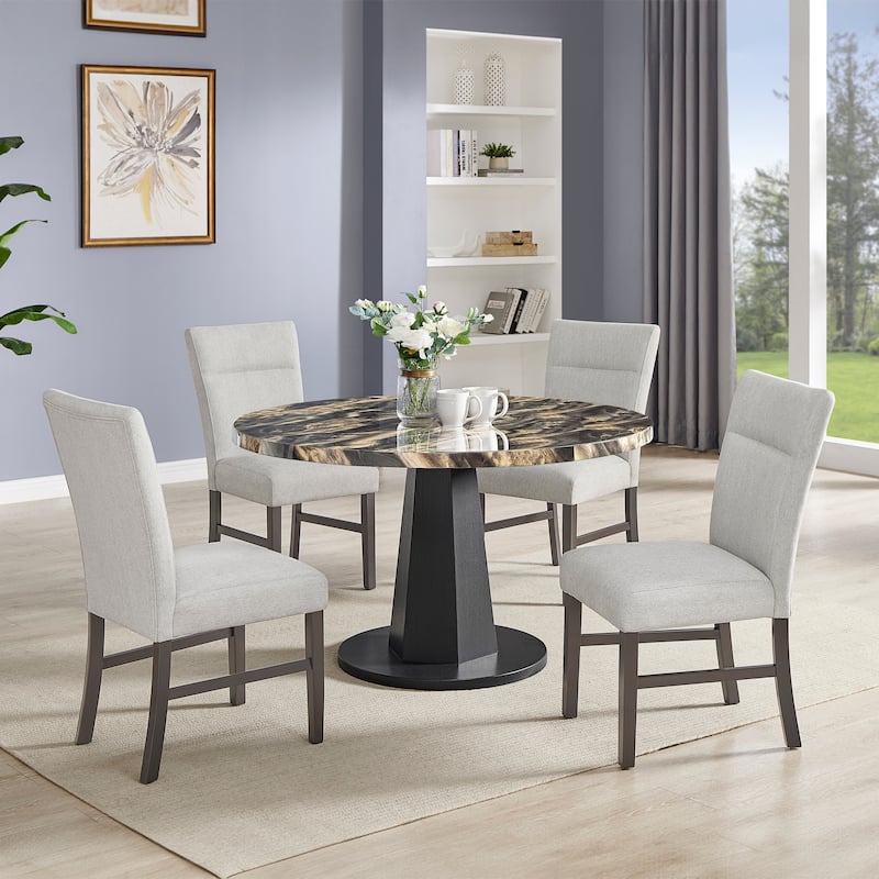Roundhill Furniture Cavira 5-Piece Modern Dining Set, Round Faux Marble Dining Table with Four Chairs - Black Table+4 Grey Chairs
