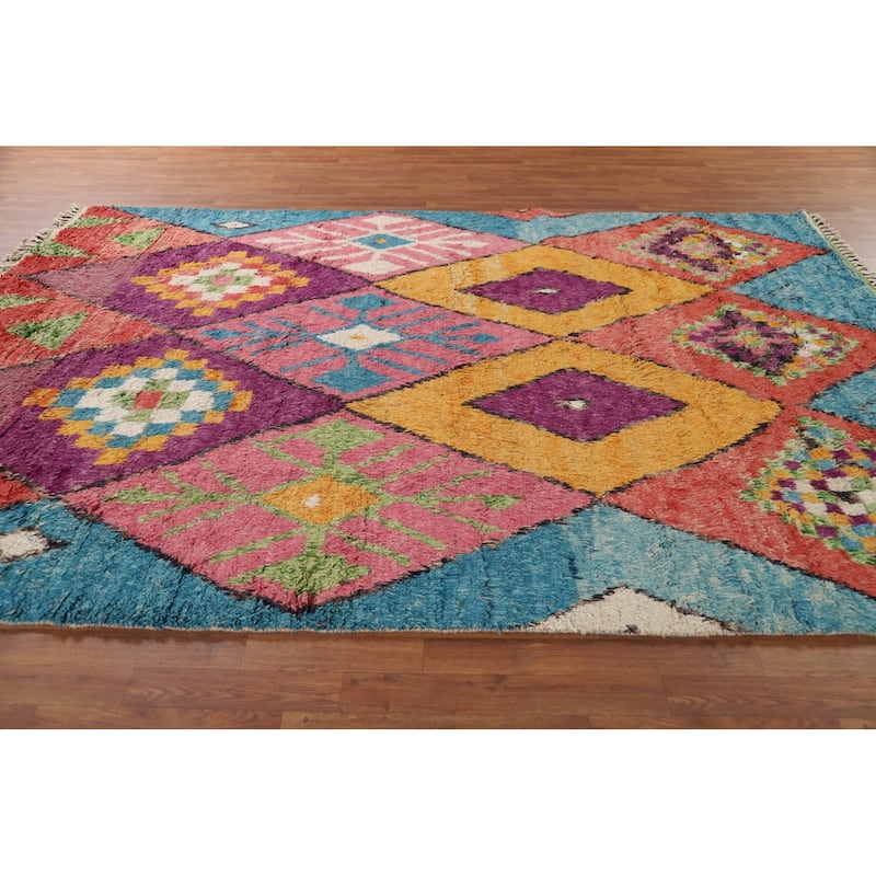 Colorful Trellis Moroccan Area Rug Handmade Geometric Wool Carpet - 7'7" x 11'0"