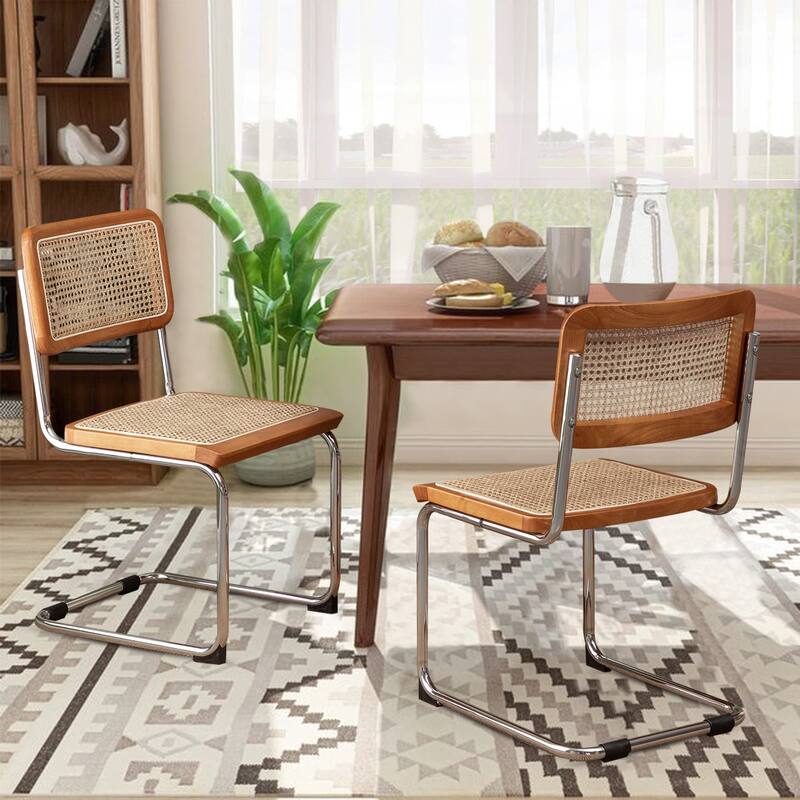 Dining Chairs Set of 2, Upholstered Natural Rattan Kitchen Chairs, Armless Accent Chair Side Chairs - Brown
