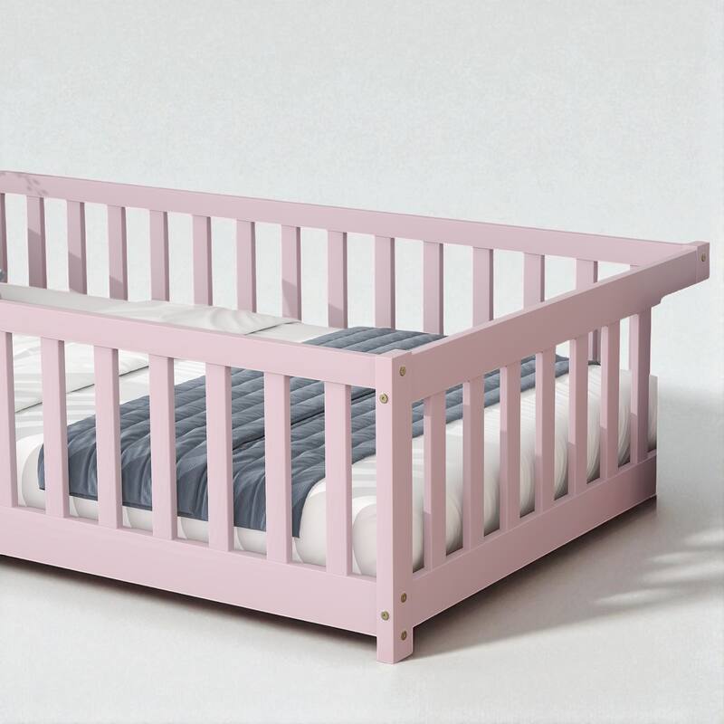 Twin Size Floor Bed with Fence and Door, Rubber Wood Frame with Safety Guardrails