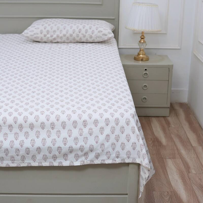 Fabdivine Handmade Block Print Flat Sheet or Bed Sheet Cotton Fabric Floral Home Decor - Kartikya- Purple - California King