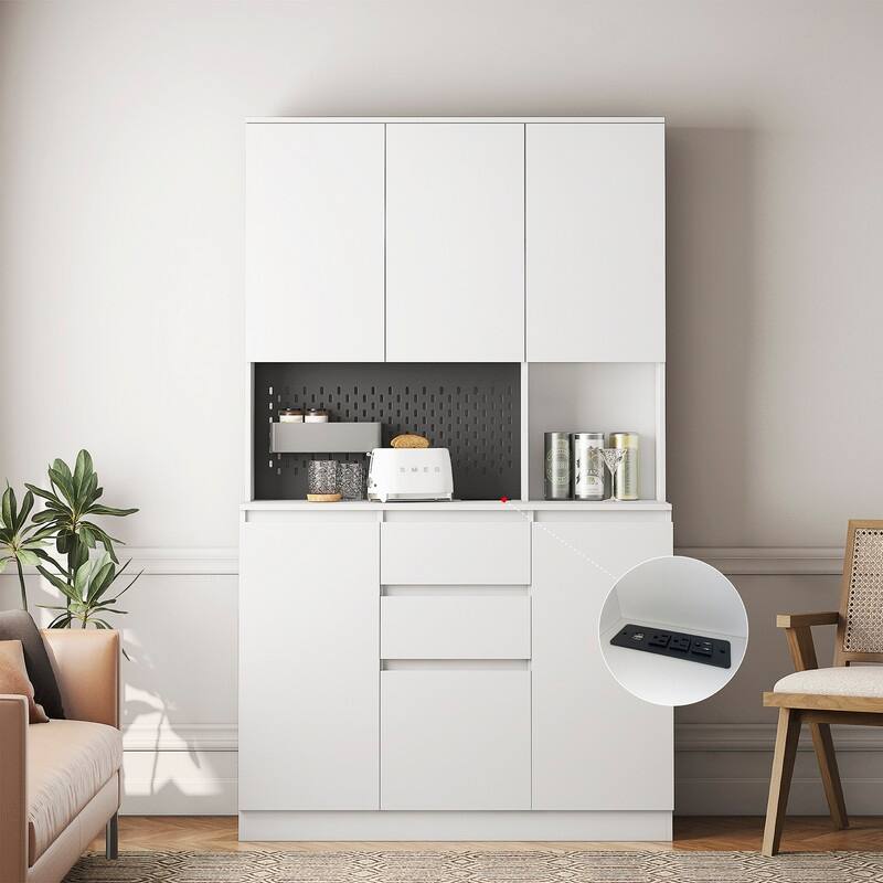 Kitchen Pantry Cabinets with 6 Doors, Shelves and 2 Drawers, Buffet Storage Cabinets with Hutch, Sideboard with Charging Station