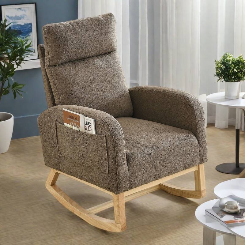 Teddy Fabric Rocking Chair High Back Lounge Chair with Side Pockets and Ergonomic Support - Coffee