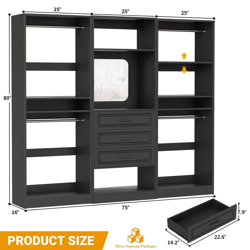 Cimly Set of 3 Closet System with Drawers, Freestanding Closet Organizer with Adjustable Shelves and Hanging Rods