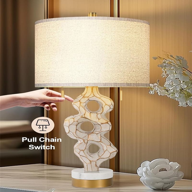 26” Farmhouse Bedside Lamp Rustic Linen Shade Bedside Lamp Marble Base with USB Port