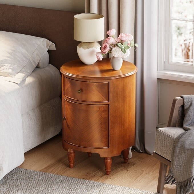 Assembled Solid Wood Nightstand, Round Beside Table with Drawer