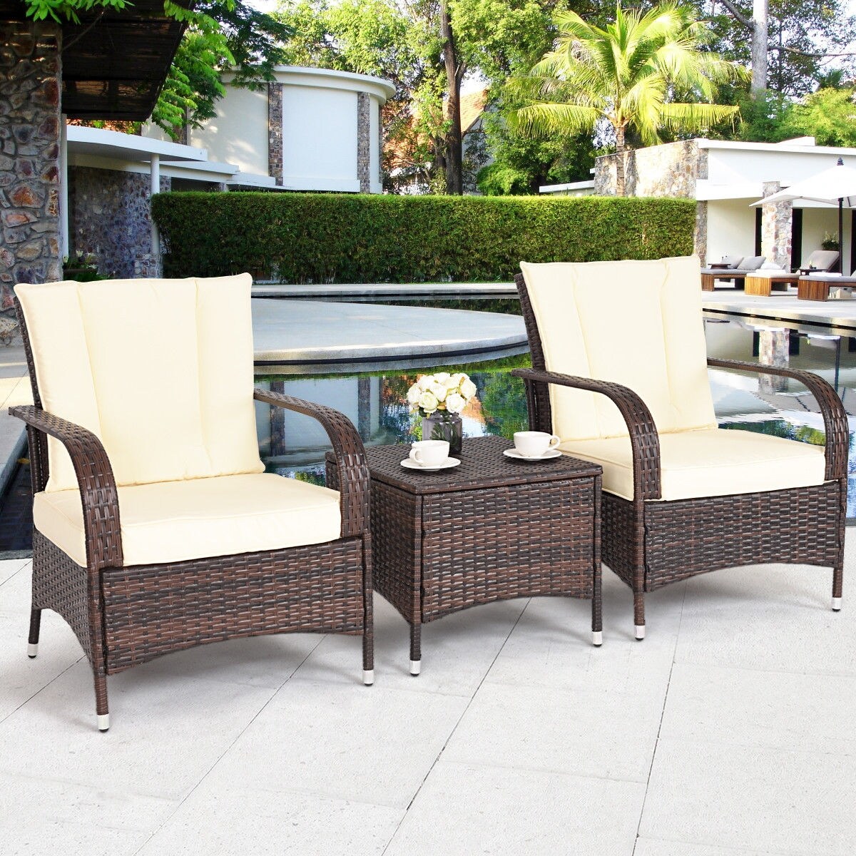 Costway 3pcs Outdoor Patio Mix Brown Rattan Wicker Furniture Set Seat Cushioned Beige