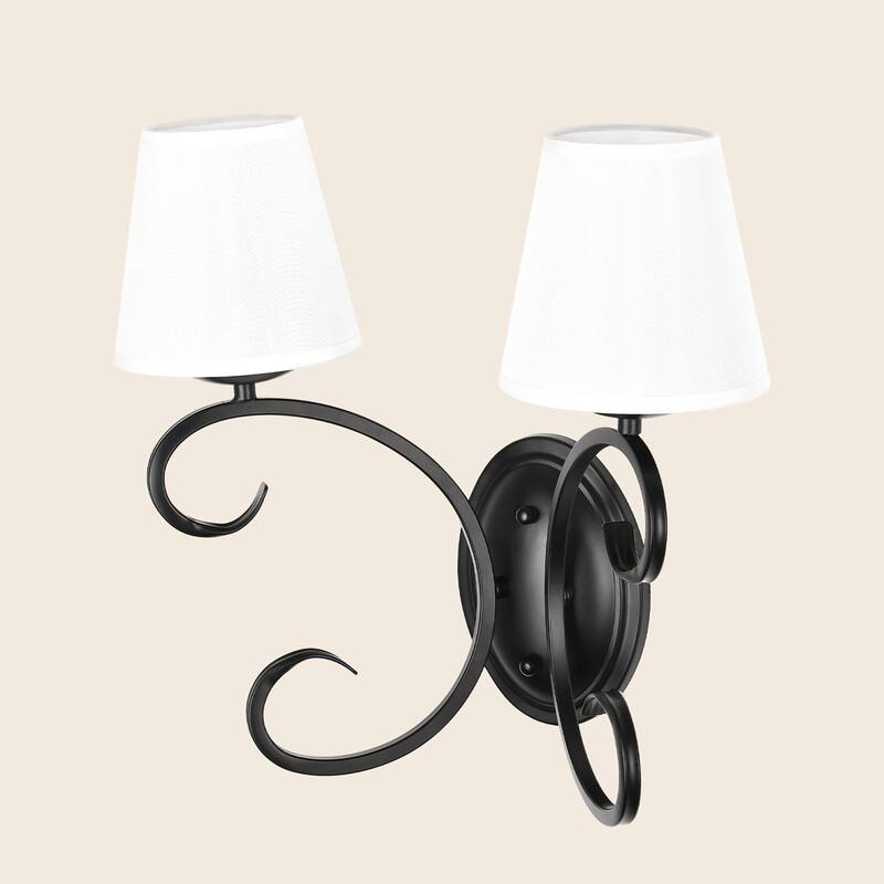 kirahee 2-Light Bedroom Wall Lamps Matte Black Finish Wall Lights with White Flax Fabric Shade - Matte Black