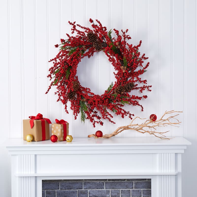 34" Cypress Wreath with Berries and Pine Cones