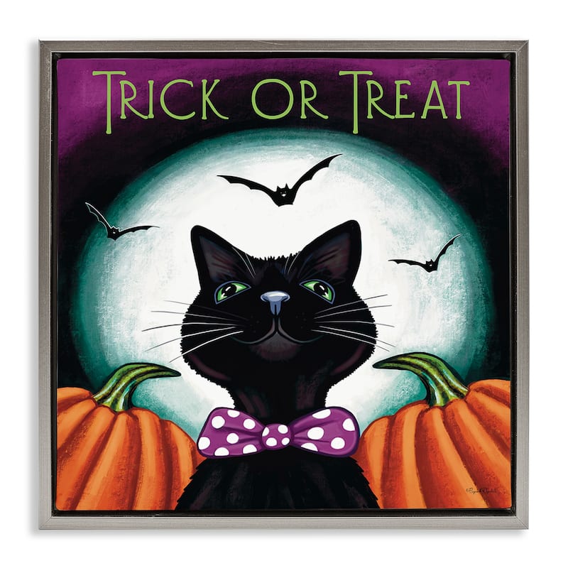 Stupell Trick Or Treat Cat Framed Floater Canvas Wall Art Design By Elizabeth Tyndall - 25 x 25 - Grey