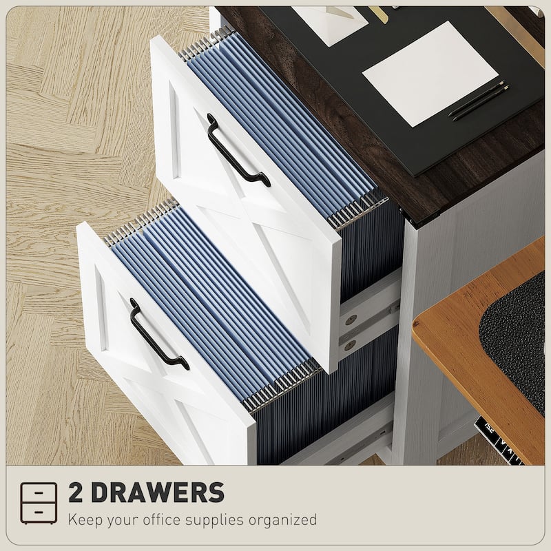 HOMCOM 2 Drawer Vertical File Cabinet with Silent Slides,Farmhouse Filing Cabinet with Barn Doors for A4/Letter Size