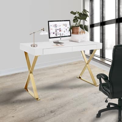 Parker Modern White High Gloss Home Office Computer Writing Desk with Gold Metal Legs