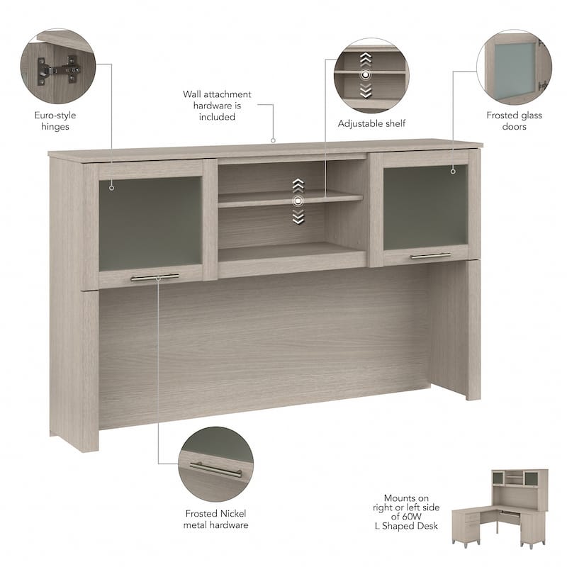 Bush Furniture Somerset Ash Gray 60W Hutch for L Shaped Desk - 59.09"L x 12.50"W x 35.69"H