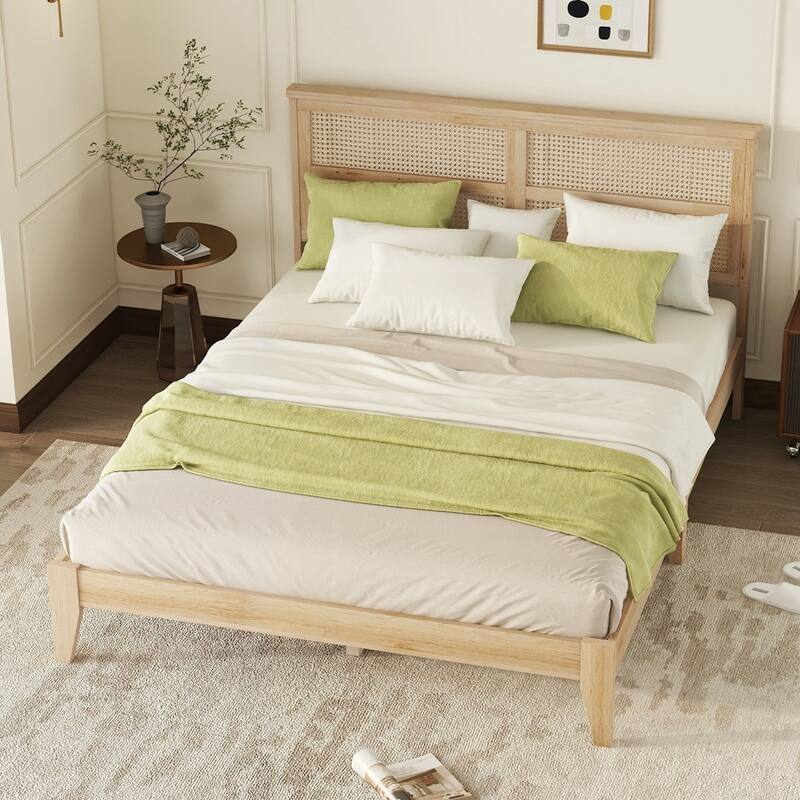 Solid Wooden Bed with Rattan Headboard