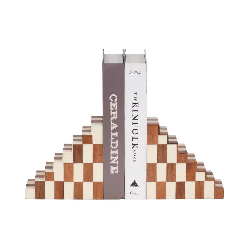 Modern Bookends with Wood and Resin Stair -Step Design - 6" Tan - 6" x 2.75" x 6"