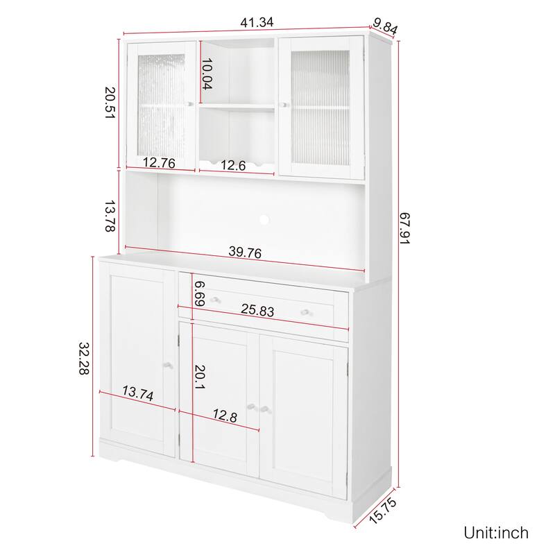 68 Inch High White Kitchen Pantry Cabinet with Hutch,Wine Rack for Dining Room