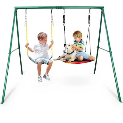 440lbs 2 Seat Swing Set for Backyard, 1 Saucer Swing Seat and 1 Belt Swing Seat with Heavy Duty A-Frame Metal Swing Stand