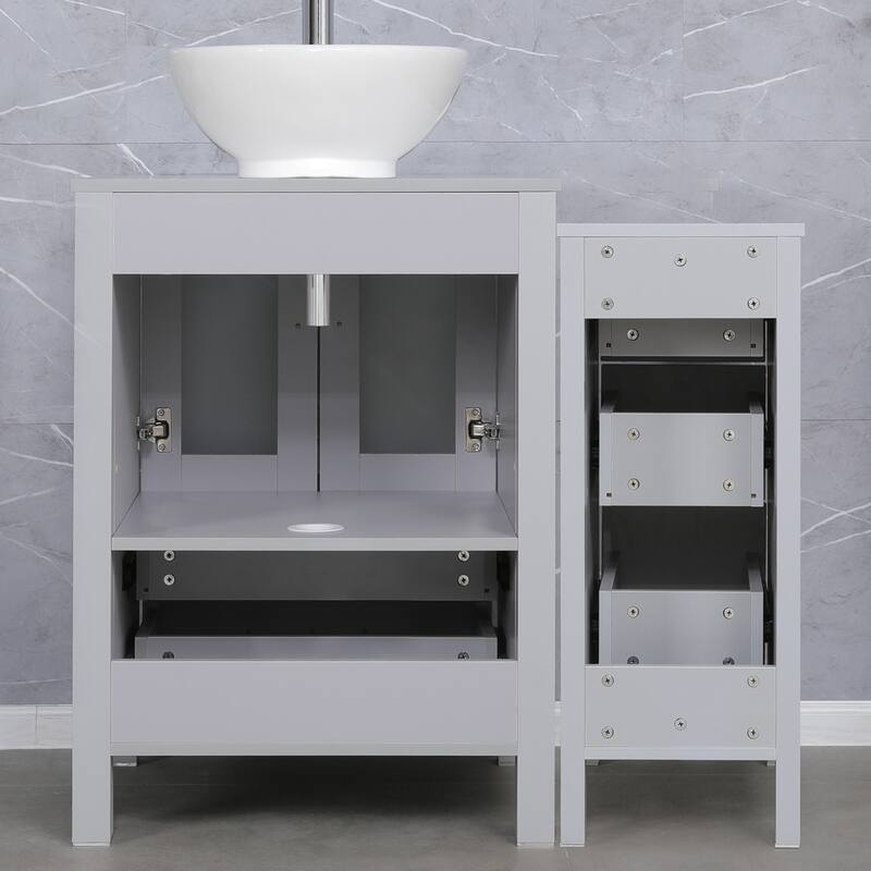 36" Bathroom Vanity Sink Gray Set with Side Cabinet Vessel Sink Mirror Faucet Combo