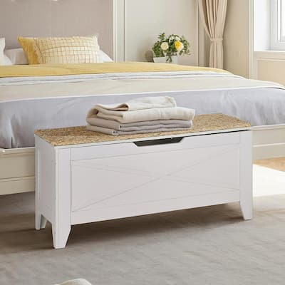 30/43.3 Inch Multi-Purpose Ottoman with Storage Flip Top Ottoman Bench with Hand Weave Poufs Padded for Bedroom Living Room