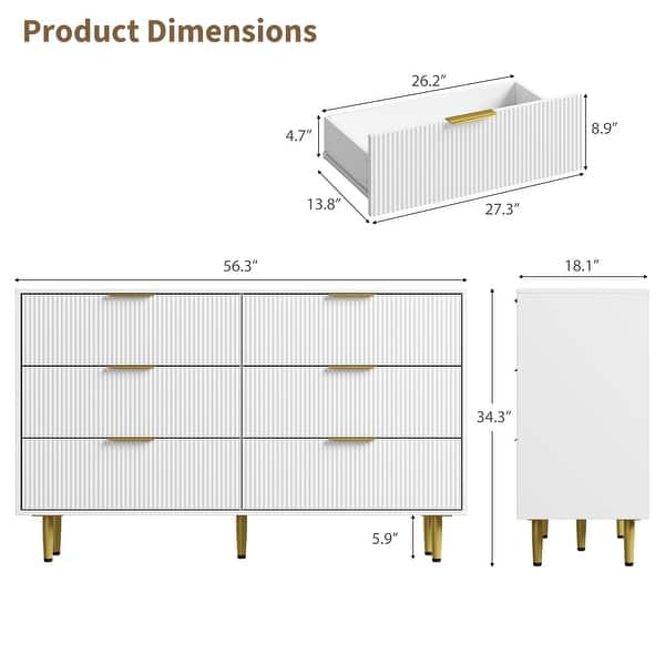 dimension image slide 3 of 15, Modern Natural Wood Color Fluted Dresser, Wooden Chest with Gold Metal Handles & Legs