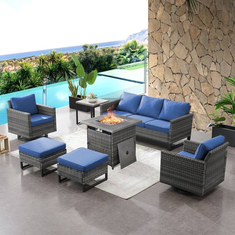 Outdoor 3-Seat Sofa Swivel Chair with Fire Pit Table - Grey - Blue