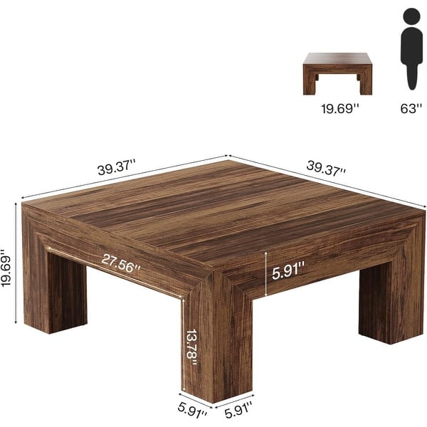 dimension image slide 0 of 5, 39.4-Inch Square Coffee Table for Living Room, Farmhouse All Wooden Center Table