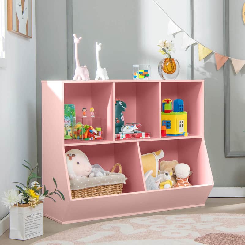 Costway 5-Cubby Kids Toy Storage Organizer Wooden Bookshelf Display - See Details