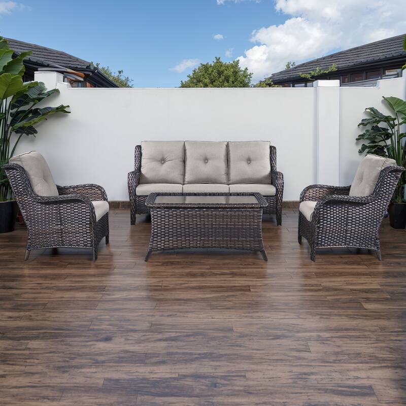 Gymojoy 4-Piece Outdoor Patio Sofa Chair with Coffee Table - Brown - Grey